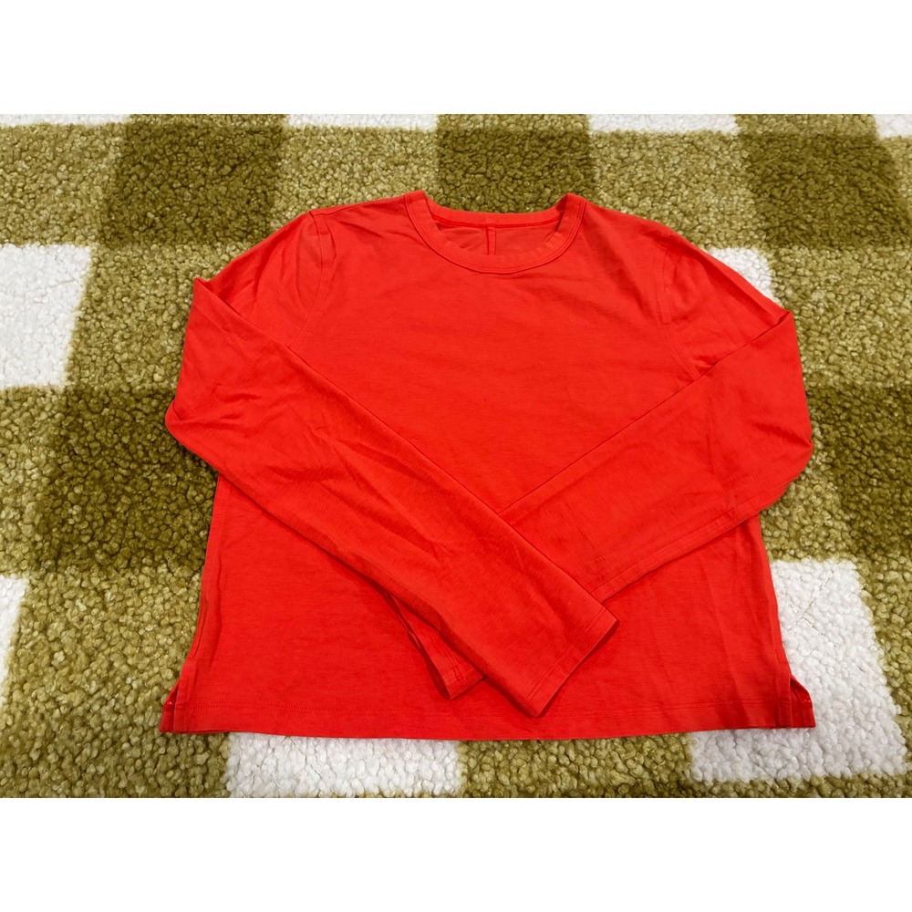 Lululemon Long Sleeve Crew Neck‎ Top Red Orange Activewear Shirt Logo 0770